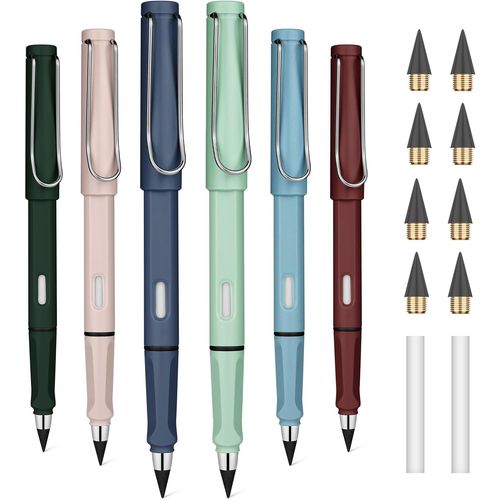 Eryi-Crayon Sans Encre, 6pcs Stylo Sans Encre Réutilisable, Crayon Infini Portable Éternel Remplaçable Avec 2 Gommes Et 8 Plumes Pour L'écriture Dessin Étudiants Bureau Domicile Fournitures