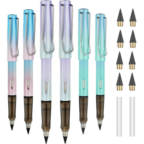 Eryi-Crayon Sans Encre, 6pcs Stylo Sans Encre Réutilisable, Crayon Infini Portable, Crayons Éternel Remplaçable Avec 2 Gommes Et 8 Plumes Pour L'écriture Dessin Étudiants Bureau Domicile Fournitures