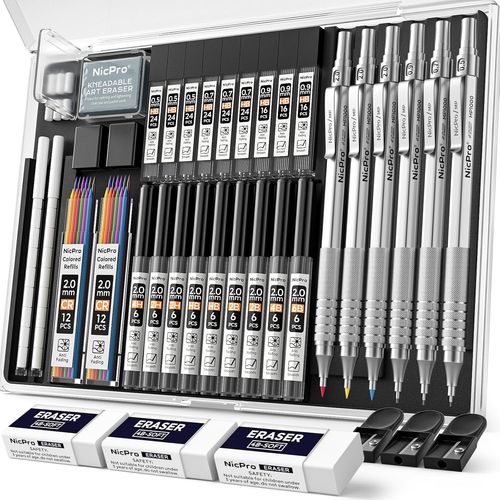 Eryi-35 Pièces Porte-Mines Artistiques Dans Un Étui, Crayon Mécanique Criterium 0,5, 0,7, 0,9 Mm Et 2 Mm Avec 20 Tubes Recharges(Couleurs Hb 2h 2b 4h 4b 6b),Porte Mine Pour Dessin, Écrire Sketch