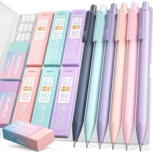 Eryi-6 Pièces Porte-Mines Pastel Mignons 0,5 Et 0,7 Mm Avec 6 Tubes De Recharge, 3 Gommes, Crayons Mécaniques Pour L'écriture, Le Dessin, Les Croquis, Criterium Dessin Avec Étui