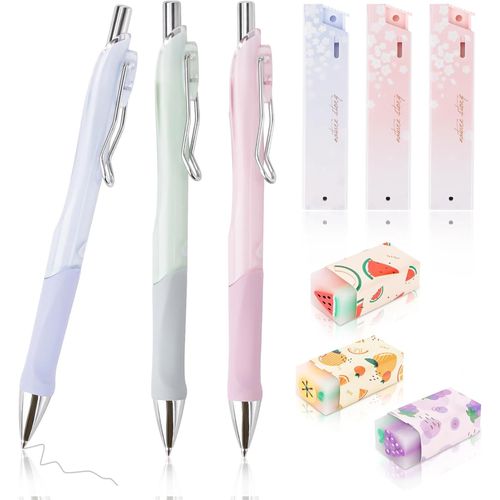 Eryi-Set De 3 Porte Mine, Critérium 0.5mm, Crayon Papier Rétractable Avec 3 Gommes Et 3 Recharges De Mines, Crayon A Papier Avec Gomme À L'extrémité Pour L'écriture, Le Dessin, Le Croquis Des Étudian