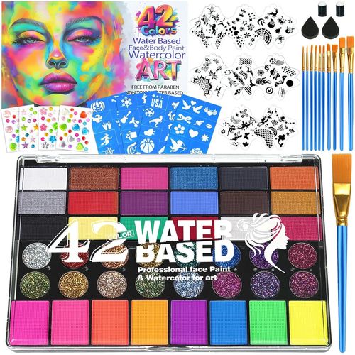 Blazeflux-Kit Maquillage Visage Enfant 42 Couleurs Non Toxique Pochoirs Pierres Pinceaux Halloween Fetes Carnaval