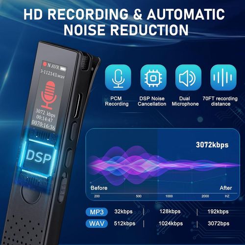 BLAZEFLUX-Enregistreur vocal numerique 64GB - Lecture Bluetooth, activation vocale 3072KBPS, protection par mot de passe - Ideal