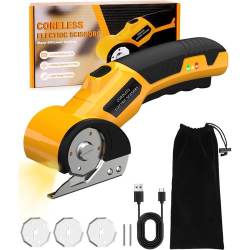 BLAZEFLUX-Ciseaux electriques sans fil 4V, coupe carton puissant securite et lumiere LED pour boite tapis plastique tissu (jaune)