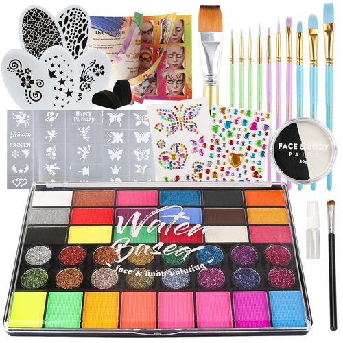 Blazeflux-Kit Maquillage Visage 42 Couleurs Pour Enfants Peinture Non Toxique Avec Pinceau Strass Pochoirs Carnaval Halloween