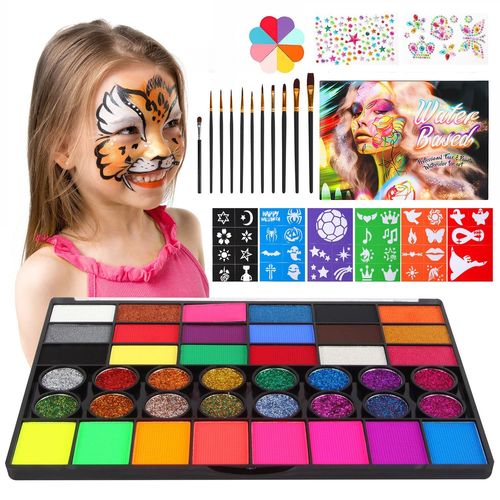 Blazeflux-Kit De Maquillage Visage Enfant Non Toxique 42 Couleurs Vives Pinceaux Eponges Pochoirs Paillettes Halloween Fete