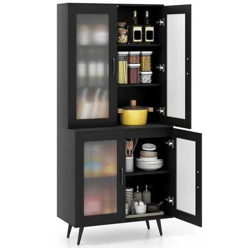 Buffet De Cuisine 178,5 Cm Costway, 4 Portes Transparentes, Étagère Réglable, Pieds En Métal, Meuble De Rangement Pour Salon, Noir