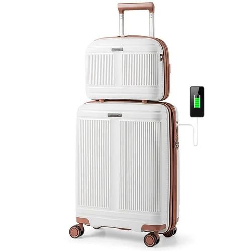 COSTWAY Bagage de Cabine 20" Trousse à Cosmétiques 14" avec Serrure TSA Port USB roulettes Approuvé par Compagnies Aériennes Blanc