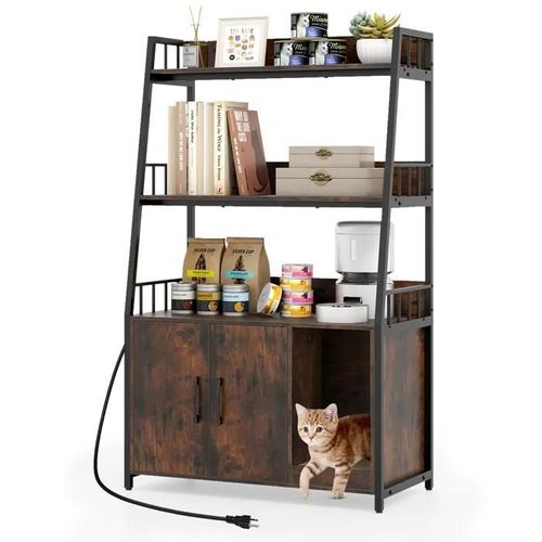 Meuble Bac À Litière Pour Chat Avec Étagères Costway, Meuble De Toilettes Caché Pour Chat, Station De Charge, Double Portes, Brun