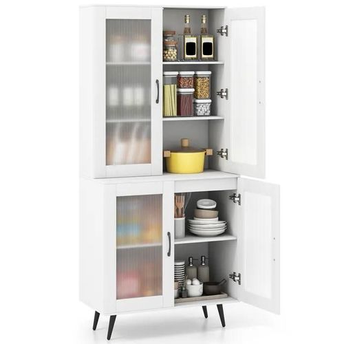 Buffet De Cuisine 178,5 Cm Costway, 4 Portes Transparentes, Étagère Réglable, Pieds En Métal, Meuble De Rangement Pour Salon, Blanc