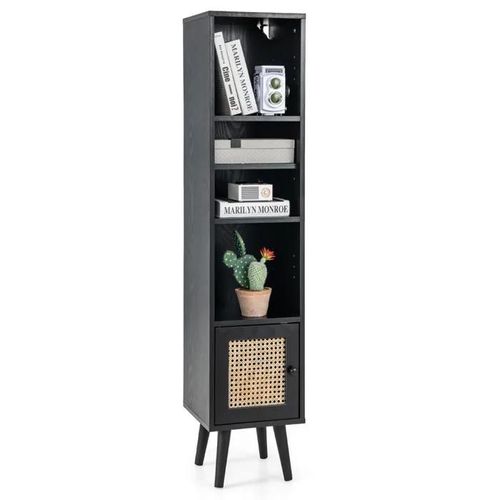 Costway Meuble Colonne De Salle De Bain Avec Porte Rotin Et Pieds En Bois Massif, Étagère Réglable, Pour Salon, Cuisine, Noir