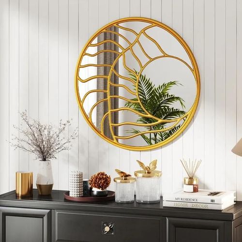 Miroir Mural Rond Doré de 80 cm COSTWAY, Cadre Irrégulier, Décoration Murale Moderne pour Salon Couloir Chambre Salle à Manger
