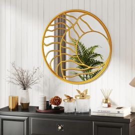Miroir Mural Rond Doré de 80 cm COSTWAY, Cadre Irrégulier, Décoration Murale Moderne pour Salon Couloir Chambre Salle à Manger