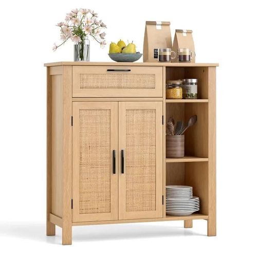 Costway Buffet De Cuisine Avec Portes En Rotin Tressé, Meuble De Rangement Avec Tiroir, Étagère Réglable Et Compartiments Ouverts