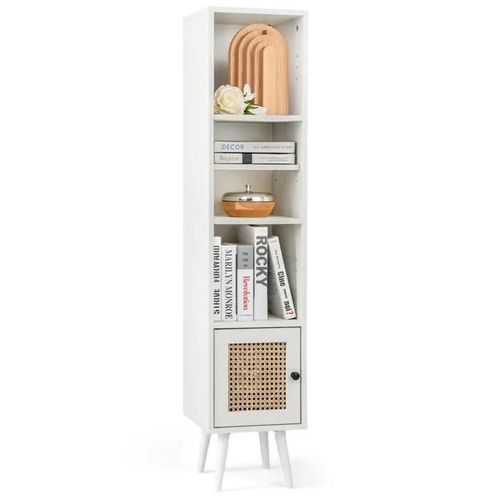 Costway Meuble Colonne De Salle De Bain Avec Porte Rotin Et Pieds En Bois Massif, Étagère Réglable, Pour Salon, Cuisine, Blanc