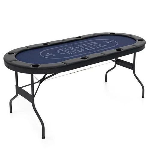 Table de Poker Pliable-COSTWAY-pour 8 Joueurs-182 x 82 x 75 cm-Ovale-8 Porte-Gobelets-Surface en Feutre-Multifonction-Bleu
