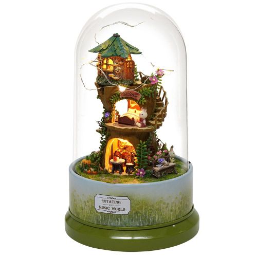 HJLIAN Jolie maison de poupee miniature en bois a monter soi-meme avec boite a musique rotative, couvercle anti-poussiere et lumiere LED