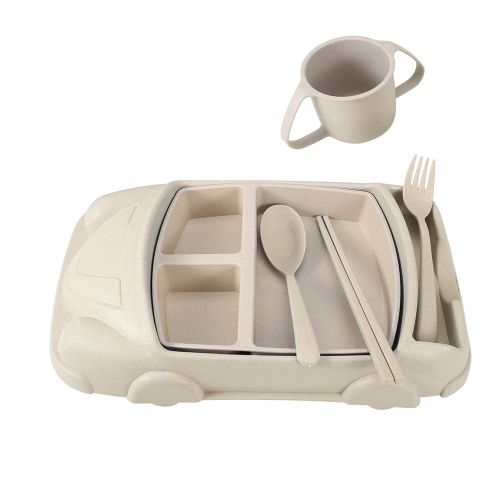 Hjlian Vaisselle En Paille De Ble Pour Enfants, Dessin Anime, Voiture, Assiette, Bol, Fourchette, Cuillere, Baguettes, Beige