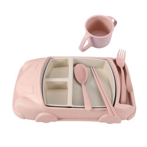 Hjlian Vaisselle En Paille De Ble Pour Enfants, Dessin Anime, Voiture, Assiette, Bol, Fourchette, Cuillere, Baguettes, Rose