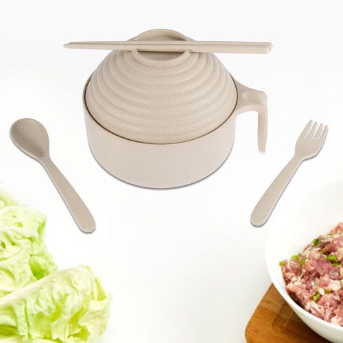 Hjlian Ensemble De Casseroles En Paille De Ble Avec Baguettes, Fourchette, Cuillere, Bol, Vaisselle Pour Dortoirs Etudiants (Beige)