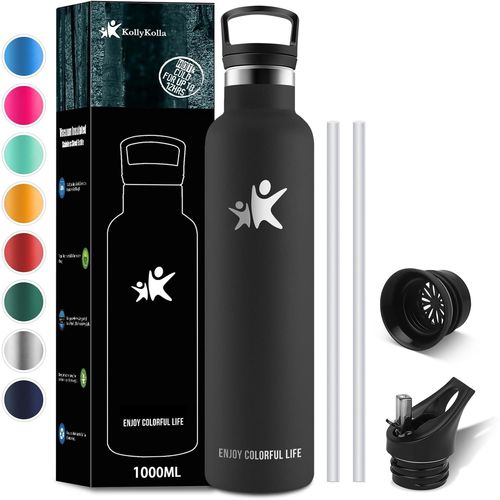 Gourde Isotherme 1l, Bouteille Isotherme Avec En Paille, Gourde Sport Sans Bpa, , Anti-Fuite, Acier Inoxydable À Double Paroi Isolée, Pour Enfant, Adultes, Sport - 2 Couvercles