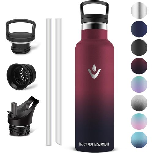 Bouteille - Thermos 750ml, Gourde Avec Paille, Gourdes Sans Bpa, Gourde Enfant & Adulte Pour Sport, École, Bureau, Gym, Voyage, Rouge - Noir