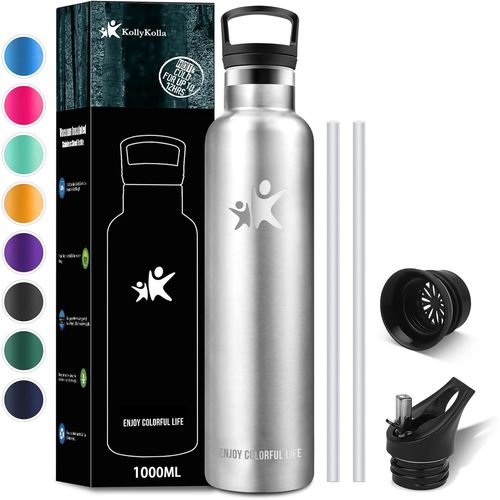 Gourde Isotherme 1l, Gourde Inox Avec En Paille, Bouteille D'eau Sans Bpa, , Anti-Fuite, Bouteille Isotherme Acier Inoxydable Pour Enfant, Adultes, Yoga, Sport - 2 Couvercles