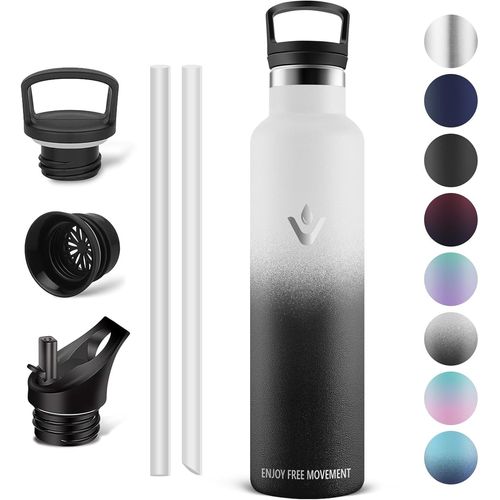 Bouteille D'eau - Thermos 1l, Gourde Avec Paille, Gourdes Sans Bpa, Gourde Enfant & Adulte Pour Sport, École, Bureau, Gym, Voyage, Blanc - Noir