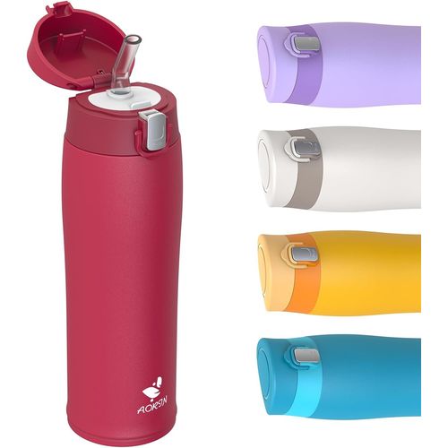 Gourde Isotherme, 500ml Bouteille Isotherme En Acier Inox 18/8, Bouteilles Avec En Paille Sans Bpa, , Gourde Sport Anti-Fuite Pour Les Voyage, Sport, Randonnée