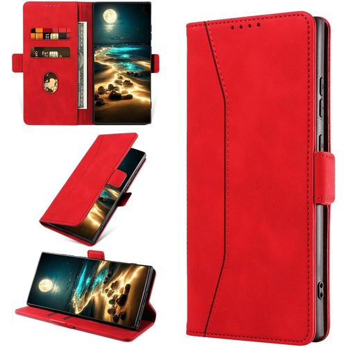 Coque Pour Samsung Galaxy S23 Ultra, Etui Protection Housse En Cuir Pu [Porte Cartes], Antichoc Portefeuille Étui À Rabat Flip Case Pour Samsung S23 Ultra (Rouge)