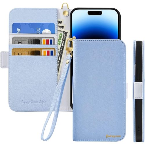 Coque Pour Iphone 16 Rabat,Housse Iphone 16 Clapet,Portefeuille Etui Avec Fonction Support Et Porte-Carte,Litchi Texturé Cuir/Antichoc Flip Cover Case.Bleu Clair
