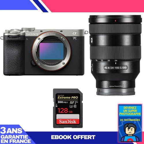 Boitier Sony A7C II Silver + FE 24-105mm f/4 G OSS + 1 SanDisk 128GB Extreme PRO UHS-II SDXC 300 MB/s + Ebook 'Devenez Un Super Photographe'