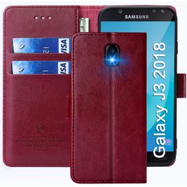 Coque Pour Samsung Galaxy J3 2018, Étuis À Rabat Samsung Galaxy J3 2018,Premium Pu Etui Housse En Cuir Portefeuille De Protection Magnétique Pour Samsung Galaxy J3 2018,Rouge