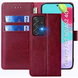 Coque Pour Samsung A52, Étuis À Rabat Galaxy A52,Premium Pu Etui Housse En Cuir Portefeuille De Protection Magnétique Pour Samsung Galaxy A52,Rouge