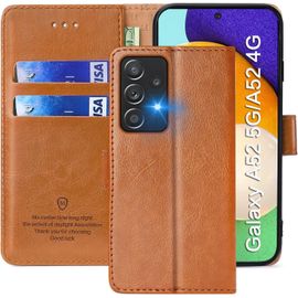 Coque Pour Samsung A52, Étuis À Rabat Galaxy A52,Premium Pu Etui Housse En Cuir Portefeuille De Protection Magnétique Pour Samsung Galaxy A52,Brun