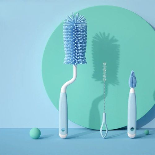 Brosse À Bouteille En Silicone 3 Pièces 360 °Brosse Rotative Pour Mamelon De Bébé,Tasse De Lavage,Ensemble De Brosses De Nettoyage De Bouteilles - Type Bleu