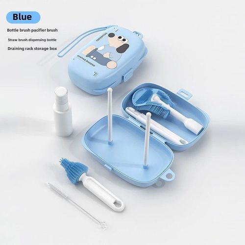 Ensemble De Brosses À Biberons Portables,6 Pièces,Brosse À Sucette,Brosse En Paille,Égouttoir À Biberon,Boîte De Rangement,Nettoyeur De Biberons - Type Blue