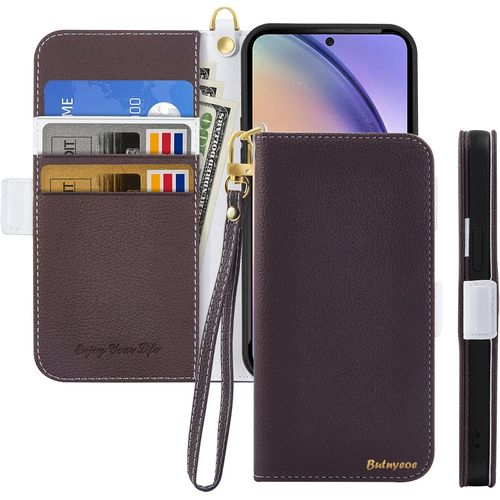 Coque Pour Samsung Galaxy A54 Rabat,Housse Samsung A54 5g Clapet,Portefeuille Etui Avec Fonction Support Et Porte-Carte,Litchi Texturé Cuir/Antichoc Flip Cover Case.Marron