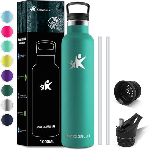 Bouteille Isotherme 1l, Gourde Inox Avec En Paille, Bouteille D'eau Sans Bpa, , Anti-Fuite, Gourde Acier Inoxydable Pour Enfant, Adultes, Sport, Cyclisme, École - 2 Couvercles