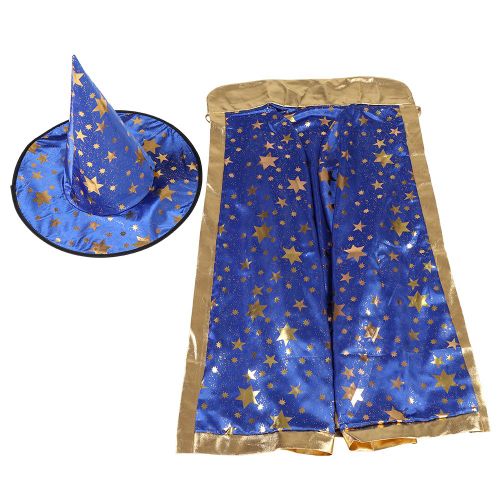 Hjlian Ensemble Cape Et Chapeau De Sorciere Pour Enfants, Motif Etoiles Brillantes, Pour Halloween, Cosplay, Bleu