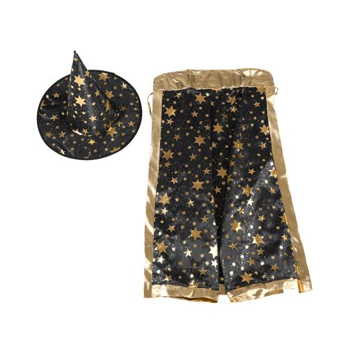 Hjlian Ensemble Cape Et Chapeau De Sorciere Pour Enfants, Motif Etoiles Brillantes, Pour Halloween, Cosplay, Noir