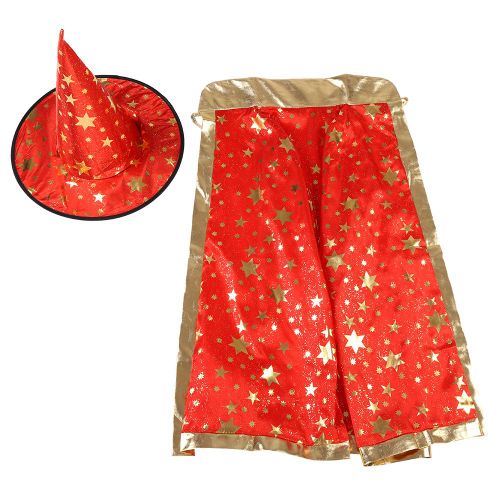 Hjlian Ensemble De Cape Et Chapeau De Sorciere Pour Enfants, Motif Etoiles Brillantes, Pour Halloween, Cosplay, Rouge
