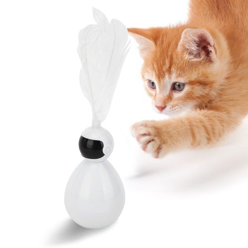 Hjlian Robot Pour Animaux De Compagnie En Abs Durable Et Attrayant, Balle Pivotante Avec Plumes, Jouet Amusant Pour Chat, Blanc