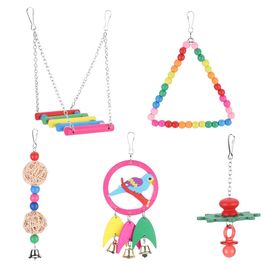 Hjlian Ensemble De 5 Jouets Pour Oiseaux?: Perles Triangulaires, Pont Suspendu, Volant, Poisson En Bois Et Boule En Rotin