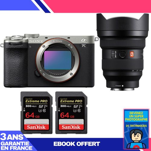 Boitier Sony A7C II Silver + FE 12-24mm f/2.8 GM + 2 SanDisk 64GB Extreme PRO UHS-II SDXC 300 MB/s + Ebook 'Devenez Un Super Photographe'