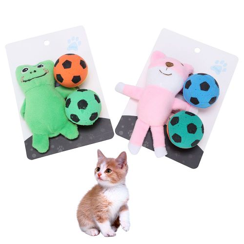 HJLIAN Lot de 2 jouets en peluche pour chat et grenouille, motif ours mignon, herbe a chat, ballons de football, entrainement interactif, anti-stress