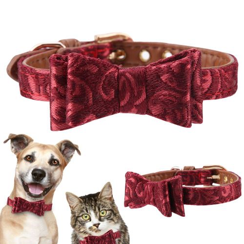 Hjlian Collier Reglable Pour Chien En Cuir Synthetique Avec Boucle Et Noud Papillon (Rouge)