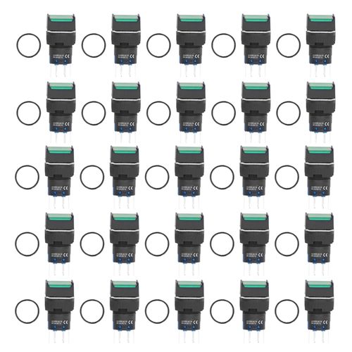 XYONG Lot de 25 interrupteurs a bouton-poussoir lumineux, carres de 16 mm, autobloquants, petits interrupteurs d'alimentation, 24 V, 5 A, vert