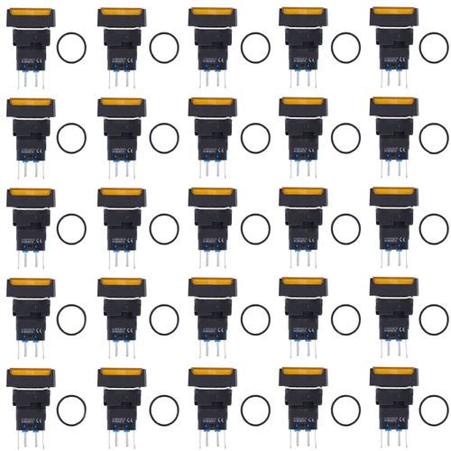 XYONG Lot de 25 micro-interrupteurs carres a bouton-poussoir en laiton ABS, autobloquants avec lumiere, 16 mm, 12 V, jaune