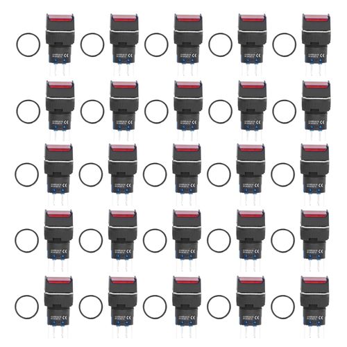 XYONG Lot de 25 interrupteurs a bouton-poussoir lumineux, carres de 16 mm, autobloquants, petits interrupteurs d'alimentation 24 V, 5 A, rouges